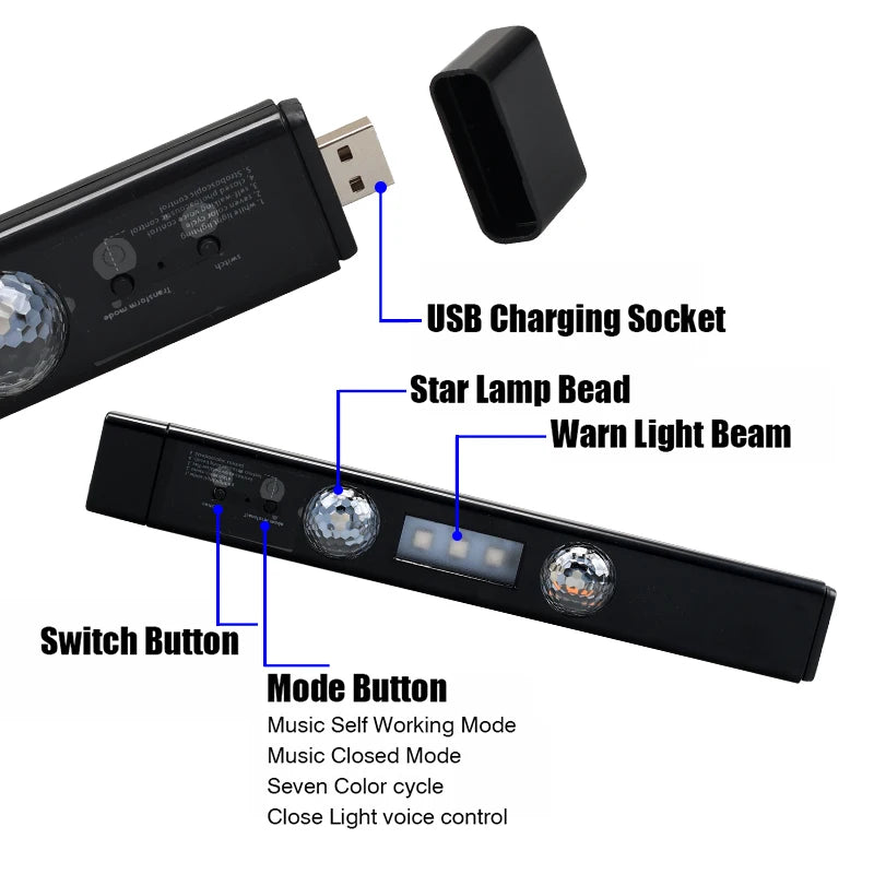 LED Car Atmosphere Light RGB Roof Star Lamp with Remote Wireless USB Multiple Modes Auto Interior Decorative Ambient Party Light