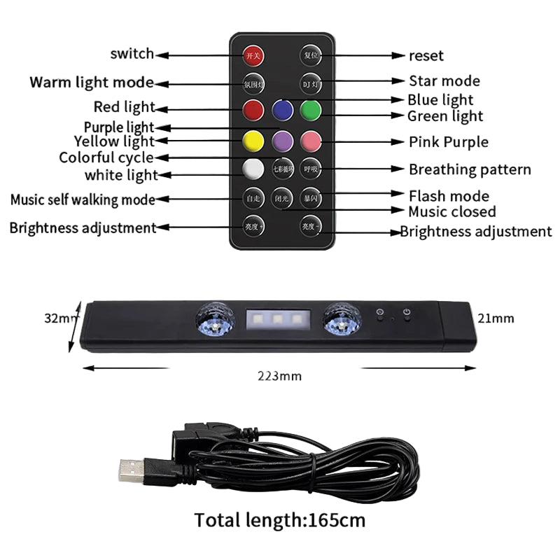 LED Car Atmosphere Light RGB Roof Star Lamp with Remote Wireless USB Multiple Modes Auto Interior Decorative Ambient Party Light